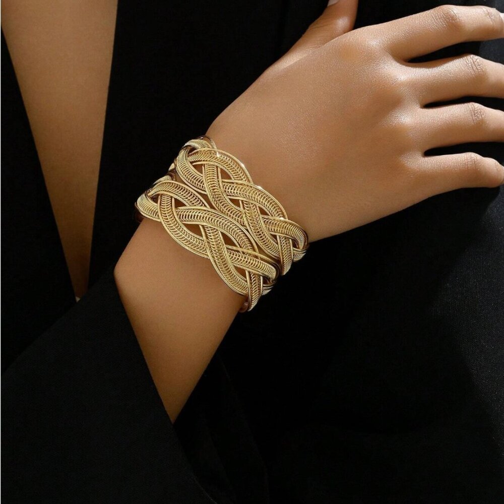 Gold Coil Braided Open Cuff Bracelet